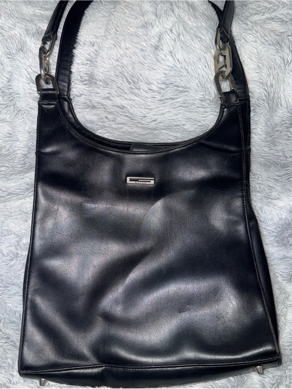 Guess Black Leather Hobo Bag with Silver Logo Plaque
